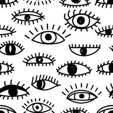 Kusursuz desenli, mürekkepli gözler. Siyah insan yüzleri elementlerin yüzüdür. Modern sanat tasarımı, tekstil, kumaş, duvar kağıdı, ambalaj, albüm ve ambalaj için harikadır.