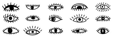 Mürekkep çizilmiş gözler. Yüz unsurlarının tek renkli insan parçaları, çeşitli açık gözler. Siyah grunge mürekkep görme ikonu, göz doktoru sembolü. Vektör illüstrasyonu