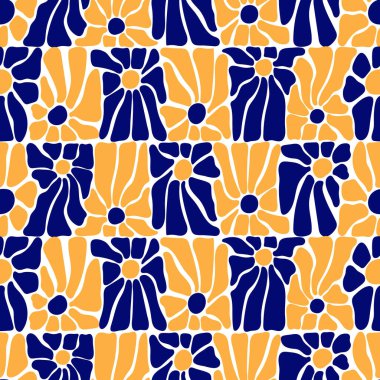Modaya uygun çiçek desenli mavi ve sarı retro çiçekler. Saf çizim tarzında soyut çiçek deseni. Vektör illüstrasyonu