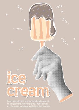 - Dondurma. Yarım tonluk moda kolaj pankartı ve elinde lezzetli çikolatalı dondurma çubuğu var. Soğuk dondurulmuş yaz tatlısı. Çağdaş vektör illüstrasyonu