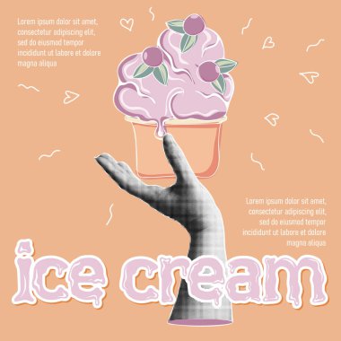 - Dondurma. Yarım tonluk moda kolaj afişi ve lezzetli dondurması var. Soğuk dondurulmuş yaz tatlısı. Çağdaş vektör illüstrasyonu