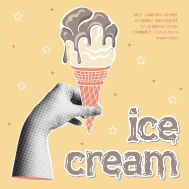 - Dondurma. Yarım tonlu moda kolaj afişi ve dondurma külahı. Soğuk dondurulmuş yaz tatlısı. Çağdaş vektör illüstrasyonu