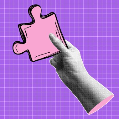 Yapboz parçasının el ele tutuştuğu modaya uygun kolaj afişi. Akıllı fikir ve takım çalışması konsepti. Çağdaş vektör illüstrasyonu