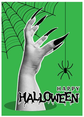 Canavar eli ve örümceği olan modaya uygun bir kolaj afişi. Mutlu Cadılar Bayramı. Çağdaş vektör illüstrasyonu