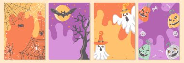 Mutlu Cadılar Bayramı posterleri içinde korkunç balkabakları, hayaletler uçan yarasa ve örümcek ağları olan şablonlar. Boş Cadılar Bayramı dekoratif tasarımı seti. Vektör illüstrasyonu