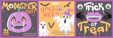 Hayaletler, yarasalar ve korkunç balkabaklarıyla Mutlu Cadılar Bayramı için modaya uygun kare şablonlar. Davetiyeler, tebrik kartları, el ilanları, afişler ve posterler için harika. Vektör illüstrasyonu