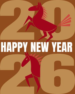 Poster stili mi yoksa atlı tebrik kartı mı? 2026 Çin Yeni Yıl kutlamasının minimalist sembolü. Atın yılı. Vektör illüstrasyonu