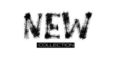 Yeni koleksiyon. Fırça, işaretli vektör metni. Siyah boyalı yeni moda tabelası. Reklam teklifi sembolü. Boya fırçası mürekkep sıçrama pankartı. El çizimi harfli kelime