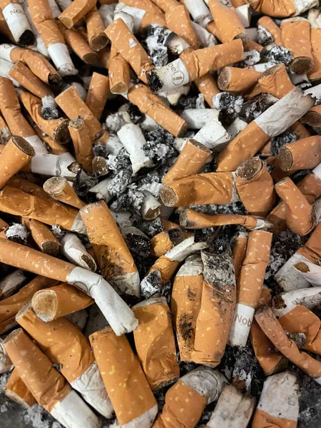 Close-up of a mountain of cigarette butts burnt with ash