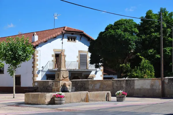 Soria 'da bir köyde arka planda bir ev olan taş çeşme. İspanya