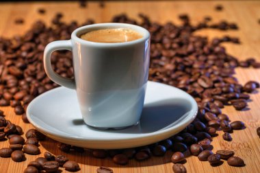 Kahve bardağı ve kahve çekirdekleri ağaçta yatıyor.