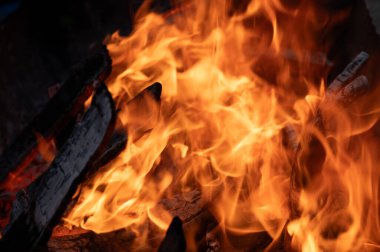 Yanan turuncu alevler ve kömürleşmiş odunlarla canlı bir ateşe yakın çekim yaparak, sıcaklığın yoğunluğunu yakalıyor..