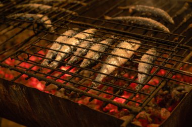 Izgarada ızgara yapan sardalyalar, kızgın kömürlerin üzerinde ızgara yapan tuzlu sardalyalar, alttaki közlerden gelen sıcak bir parıltı..