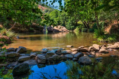 Bereketli yeşillik ve kayalık arazi ile çevrili sakin bir nehir, doğa ve seyahat kavramları için mükemmel, Pego das Pias Alentejo Portekiz 'de güzel bir arazi.