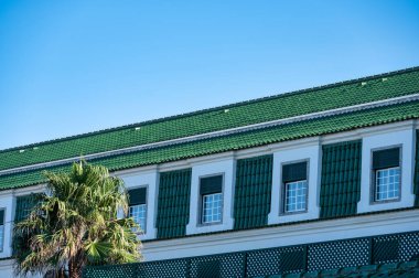 Building with a green tiled roof, white facade, and palm tree under a clear blue sky. clipart