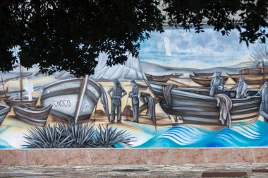 Ericeira 'daki geleneksel balıkçılık hayatını resmeden duvar resmi, Santa Marta Park, Portekiz.