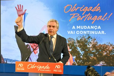 Lizbon, Portekiz. 18 Mayıs 2025. Demokratik İttifak, AD, Sosyal Demokrat Parti, PSD ve CDS Halk Partisi koalisyonu, seçim gecesini Lizbon 'daki Epic Sana Marques Hotel' de düzenledi..