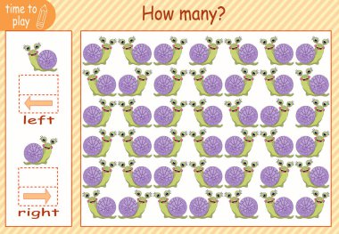 Çocuk eğitim oyunu, görevler. Sağda kaç tane ve solda kaç tane öge olacağını hesapla. Salyangoz. böcek
