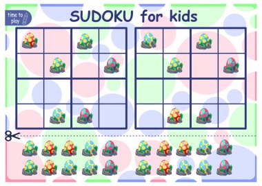 Sudoku bulmacasını çöz. Çocuklar için mantık bulmacası. Çocuklar için eğitim oyunu. Okul öğrencileri için çalışma tablosu vektör tasarımı. Yumurta. dinozor