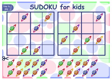 Sudoku bulmacasını çöz. Çocuklar için mantık bulmacası. Çocuklar için eğitim oyunu. Okul öğrencileri için çalışma tablosu vektör tasarımı. gezegenler
