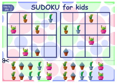 Sudoku bulmacasını çöz. Çocuklar için mantık bulmacası. Çocuklar için eğitim oyunu. Okul öğrencileri için çalışma tablosu vektör tasarımı. Kaktüs