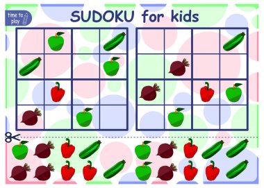 Sudoku bulmacasını çöz. Çocuklar için mantık bulmacası. Çocuklar için eğitim oyunu. Okul öğrencileri için çalışma tablosu vektör tasarımı. Sebzeler.