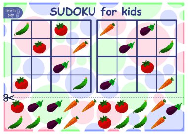 Sudoku bulmacasını çöz. Çocuklar için mantık bulmacası. Çocuklar için eğitim oyunu. Okul öğrencileri için çalışma tablosu vektör tasarımı. Sebzeler.