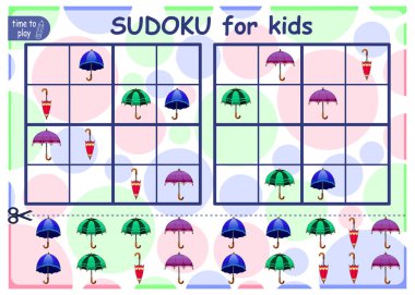 Sudoku bulmacasını çöz. Çocuklar için mantık bulmacası. Çocuklar için eğitim oyunu. Okul öğrencileri için çalışma tablosu vektör tasarımı. şemsiye