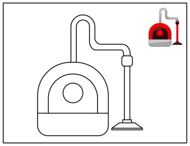 Renkli vektör çizimi, çocuklar için yaz boyama kitabı, ev aletleri, elektrik süpürgesi.