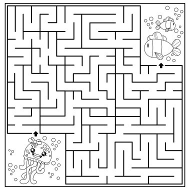 Çocukların eğitici oyunu. Çocuk bulmacası. Çocuk labirenti. Renkli çizgi film karakterleri. Komik vektör çizimi. Beyaz bir arka planda ayrıyız. Boyama kitabı. Denizanası. Balık. Deniz. Okyanus