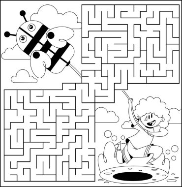 Çocukların eğitici oyunu. Çocuk bulmacası. Çocuk labirenti. Renkli çizgi film karakterleri. Komik vektör çizimi. Beyaz bir arka planda izole edilmiş. Boyama kitabı. Çocuk ve uçurtma.
