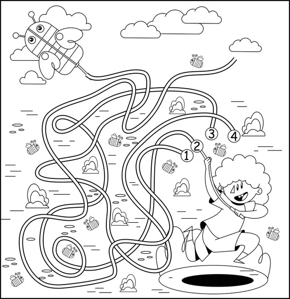 孩子们的教育游戏一个孩子们的难题儿童迷宫 多彩的卡通人物有趣的矢量说明 被白色的背景隔离了彩色的书 男孩和风筝 — 图库矢量图片