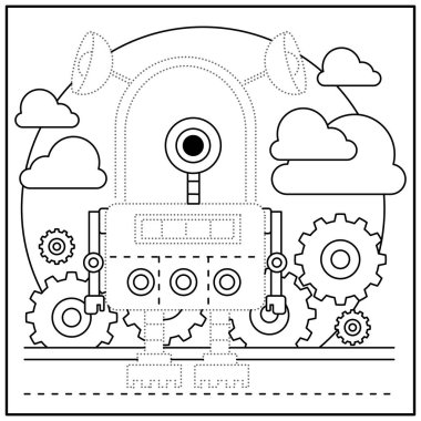  Çocukların eğitici oyunu. Görevler. Matematik. Boyama kitabı. Noktaları birleştir. robot