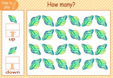 Çocuk eğitim oyunu, görevler. Sağda kaç tane ve solda kaç tane element olacağını hesapla. beyaz alan var. Roketler. robot