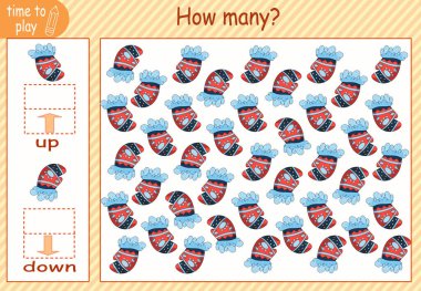 Çocuk eğitim oyunu, görevler. Sağ tarafa kaç tane ve sol tarafa kaç tane element yerleştirileceğini sayın. Yeni yıl. Noel zamanı. Mitten