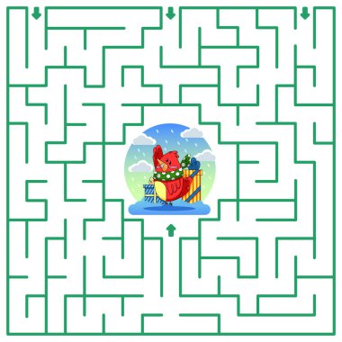  Çocukların eğitici oyunu. Çocuk bulmacası. Çocuk labirenti. Renkli çizgi film karakterleri. Komik vektör çizimi. Beyaz bir arka planda izole edilmiş. Yeni yıl. Noel zamanı. Kırmızı kuş ve hediye.