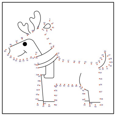 Çocukların eğitici oyunu. Mantık oyunu. Noktaları sayılara göre birleştir. El yazısı eğitimi. Boyama kitabı. Yeni yıl. Noel zamanı. geyik 