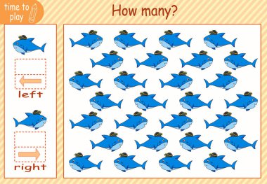 Çocuk eğitim oyunu, görevler. Sağ tarafa kaç tane ve sol tarafa kaç tane element yerleştirileceğini sayın. Köpekbalığı