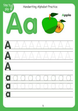 Handwriting workbook for children. Worksheets for learning letters. Activity book for kids. Educational pages for preschool. Letter A