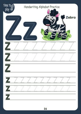 Handwriting workbook for children. Worksheets for learning letters. Activity book for kids. Educational pages for preschool. Letter Z