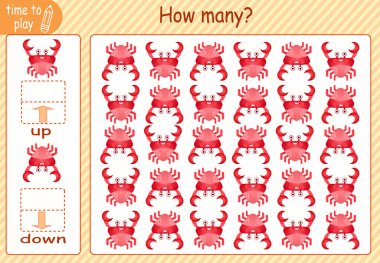 Çocuk eğitim oyunu, görevler. Sağ tarafa kaç tane ve sol tarafa kaç tane element yerleştirileceğini sayın. balık