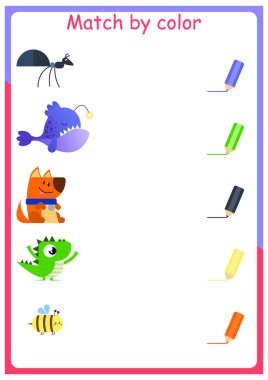 Eğitici renk eşleştirme oyunu. Anaokulu çocukları için basılabilir çalışma kâğıdı. Renkleri öğreniyorum. Renge göre eşleştir.