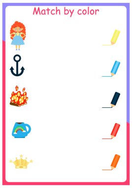 Eğitici renk eşleştirme oyunu. Anaokulu çocukları için basılabilir çalışma kâğıdı. Renkleri öğreniyorum. Renge göre eşleştir.