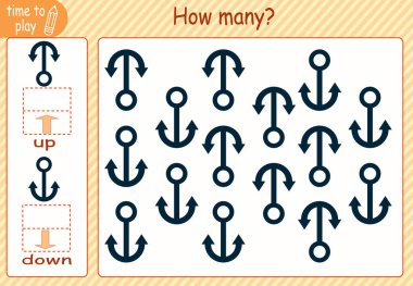 Çocuk eğitim oyunu, görevler. Sağ tarafa kaç tane ve sol tarafa kaç tane element yerleştirileceğini sayın. kalem