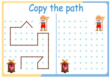 Çocuklar için bahçıvanlık ve bahçe işleri. Yolu kopyala. Çocuklar için mantık oyunları. Vektör çizimi. Kitap kare formatta. Bahçıvan ve kuş evi.