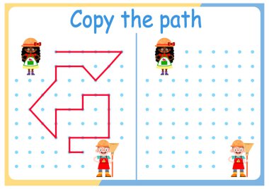 Çocuklar için bahçıvanlık ve bahçe işleri. Yolu kopyala. Çocuklar için mantık oyunları. Vektör çizimi. Kitap kare formatta. Bahçıvan ve bahçıvan