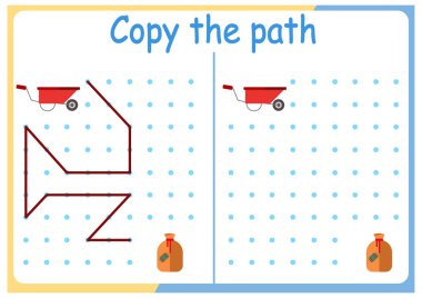  Çocuklar için bahçıvanlık ve bahçe işleri. Yolu kopyala. Çocuklar için mantık oyunları. Vektör çizimi. Kitap kare formatta. çanta ve araba