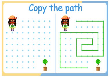  Çocuklar için bahçıvanlık ve bahçe işleri. Yolu kopyala. Çocuklar için mantık oyunları. Vektör çizimi. Kitap kare formatta. Bahçıvan ve ağaç.