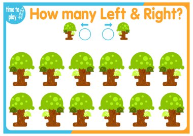 Çocuk eğitim oyunu, görevler. Sağ tarafa kaç tane ve sol tarafa kaç tane element yerleştirileceğini sayın. ağaç