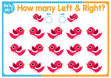 Çocuk eğitim oyunu, görevler. Sağ tarafa kaç tane ve sol tarafa kaç tane element yerleştirileceğini sayın. Kuş, kuş evi